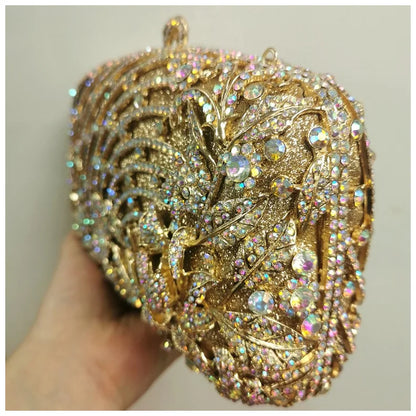 Woman Gold Silver AB Champagne Diamond Party Handbag Hollow Out Flower Crystal Purse Wedding Bridal Banquet Cocktail Floral Bag