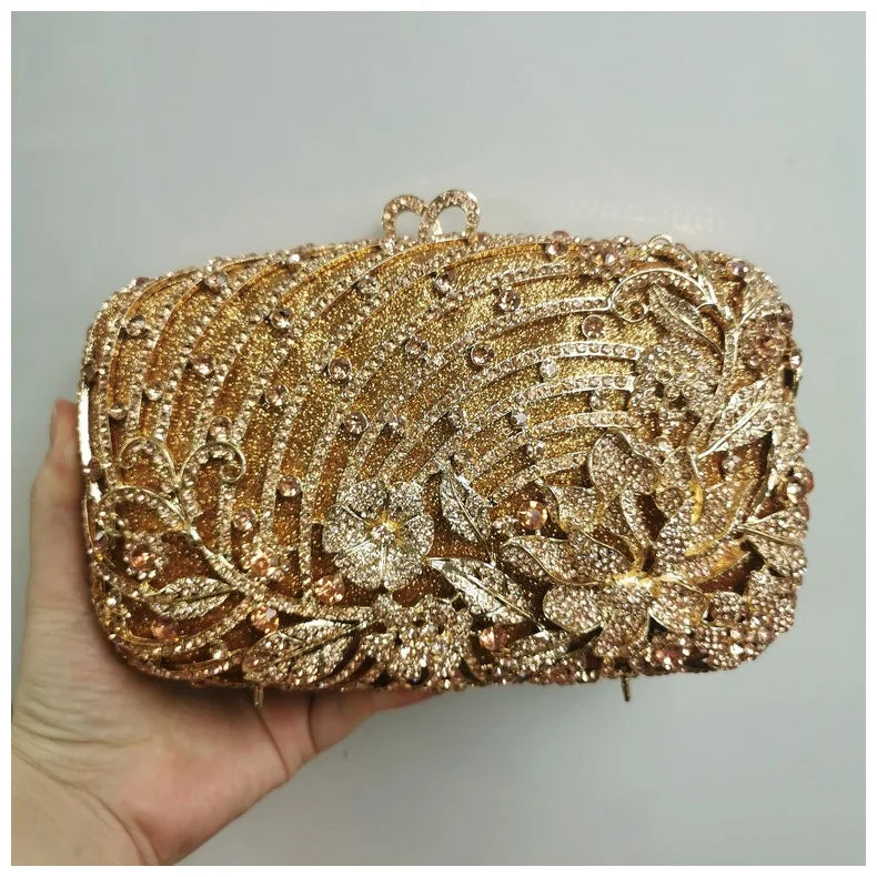 Woman Gold Silver AB Champagne Diamond Party Handbag Hollow Out Flower Crystal Purse Wedding Bridal Banquet Cocktail Floral Bag