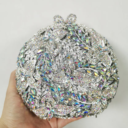 Woman Green AB Gold Blue Diamond Wedding Party Bridal Evening Bag Dinner Gala Flower Crystal Purse Hollow Floral Clutch Handbag