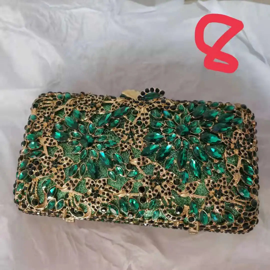Woman Green Diamond Flower Evening Purse Floral Crystal Female Wedding Bridal Clutch Bag Birthday Banquet Party Dinner Handbag