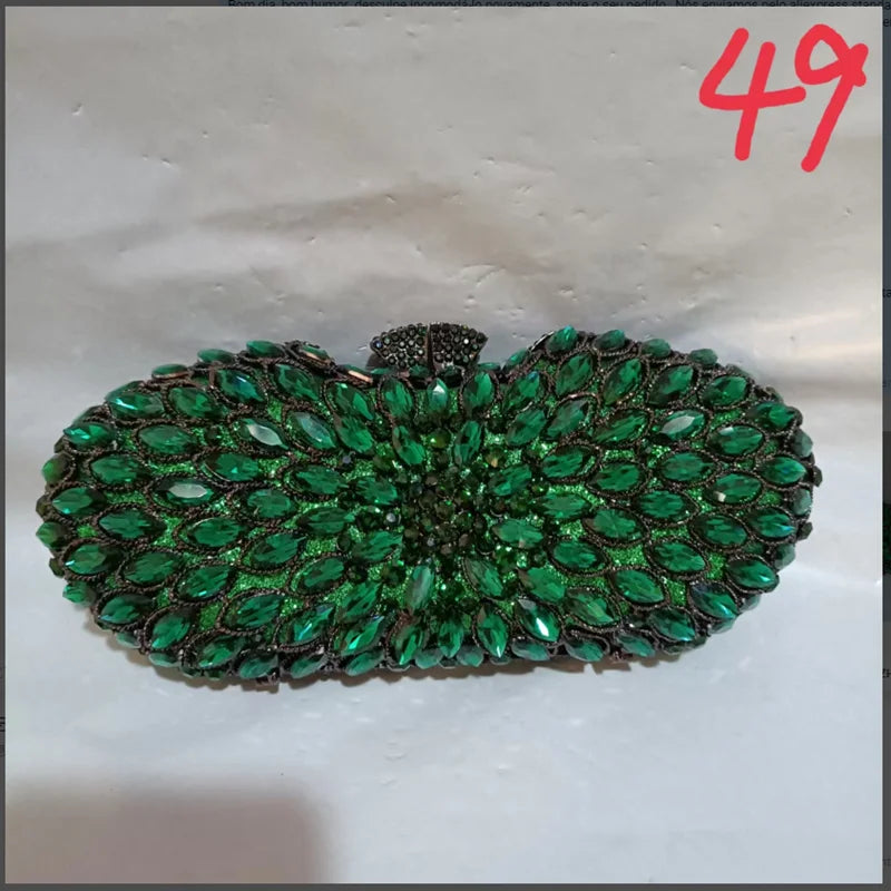 Woman Green Diamond Hollow Out Flower Evening Purse Crystal Stones Wedding Bridal Clutch Bag Party Dinner Gala Floral Handbags