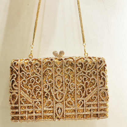 Woman Hollow Out Gold Birthday Gift Evening Bag Wedding Bridal Crystal Cocktail Handbag Party Dinner Diamond Gala Prom Purse