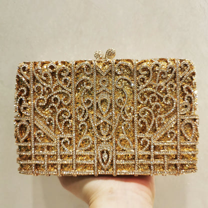 Woman Hollow Out Gold Birthday Gift Evening Bag Wedding Bridal Crystal Cocktail Handbag Party Dinner Diamond Gala Prom Purse