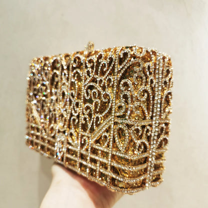 Woman Hollow Out Gold Birthday Gift Evening Bag Wedding Bridal Crystal Cocktail Handbag Party Dinner Diamond Gala Prom Purse