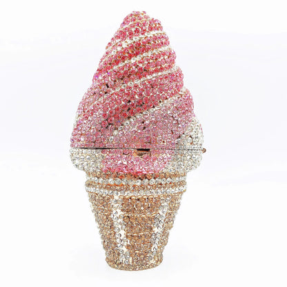 Woman Ice Cream Shape Colorful Diamond Evening Bag Bling Crystal Cocktail Gala Party Handbag Wedding Bridal Dinner Stone Purse