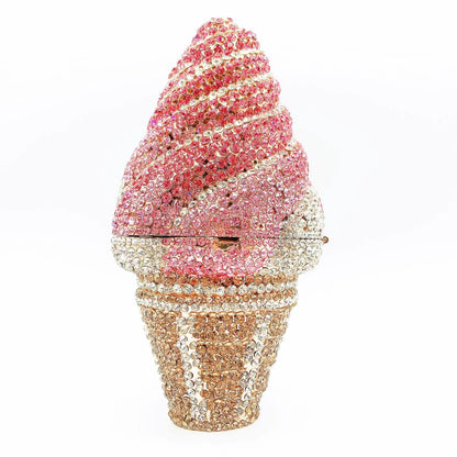 Woman Ice Cream Shape Colorful Diamond Evening Bag Bling Crystal Cocktail Gala Party Handbag Wedding Bridal Dinner Stone Purse