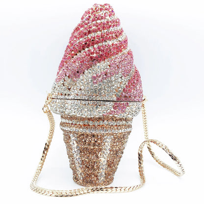 Woman Ice Cream Shape Colorful Diamond Evening Bag Bling Crystal Cocktail Gala Party Handbag Wedding Bridal Dinner Stone Purse