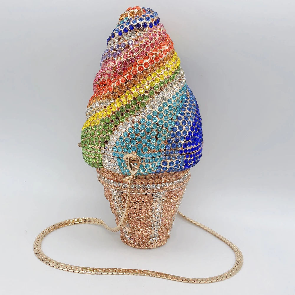 Woman Ice Cream Shape Colorful Diamond Evening Bag Bling Crystal Cocktail Gala Party Handbag Wedding Bridal Dinner Stone Purse