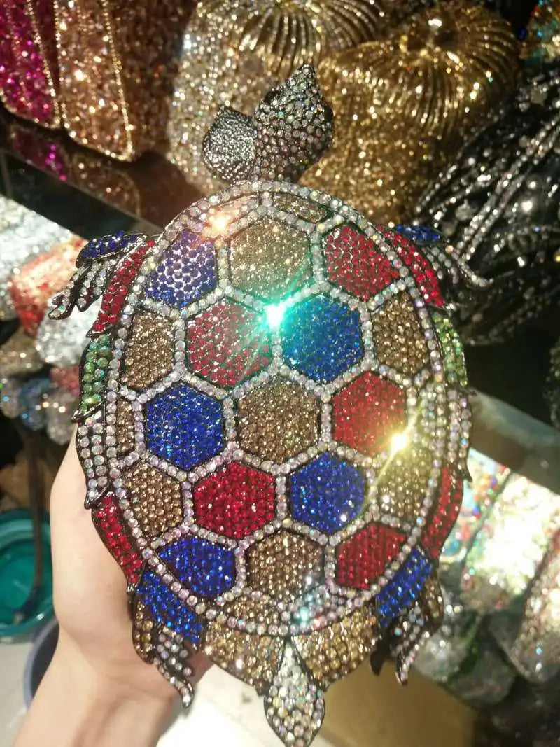 Woman New Color Turtle Cocktail Dinner Purse Prom Party Green Diamond Gold Metal Bling Evening Bag Wedding Bride Crystal Handbag