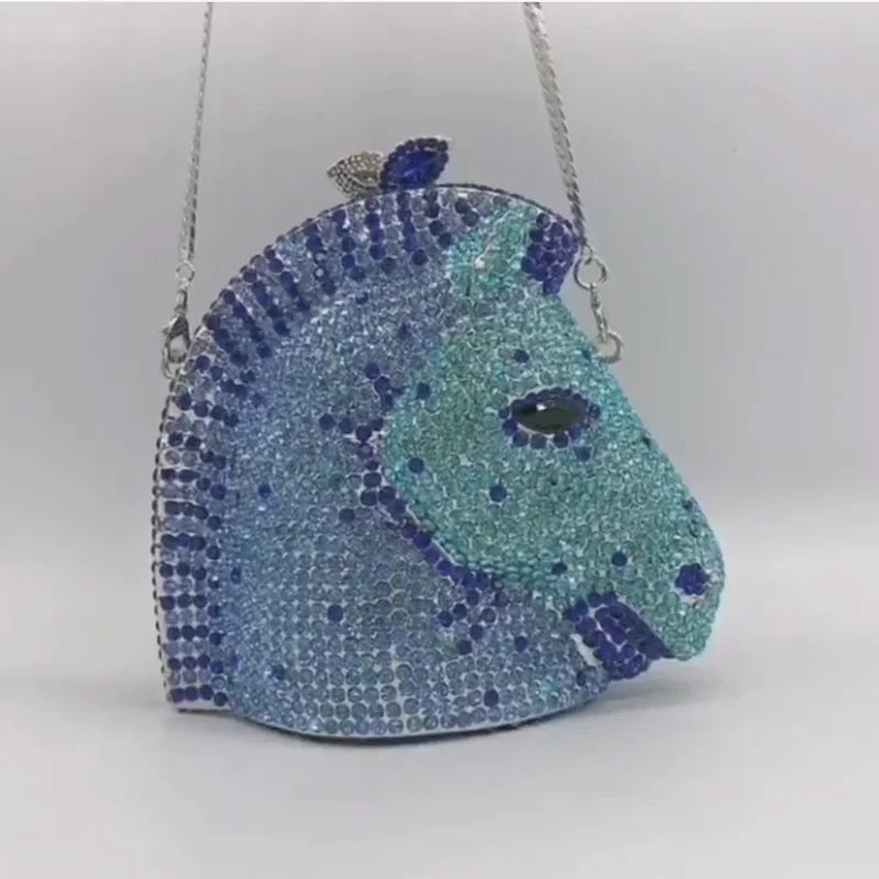 Woman Pink Blue Horse Diamond Prom Bag Cocktail Party Crystal Clutch Purse Wedding Bridal Female Rhinestone Animal Gift Handbag