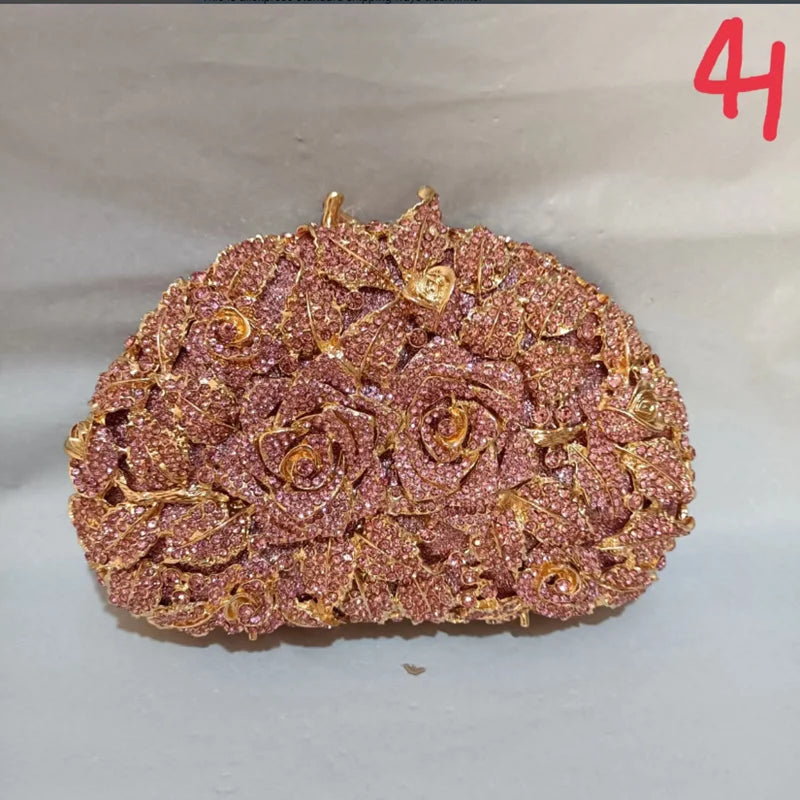 Woman Pink Diamond Flower Evening Purse Bridal Dinner Prom Floral Banquet Handbag Wedding Party Crystal Stone Floral Clutch Bag
