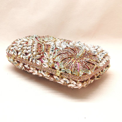 Woman Pink Flower Diamond Romantic Girls Gift Purse Wedding Bridal Dinner Prom Handbag Crystal Stone Birthday Party Clutch Bag