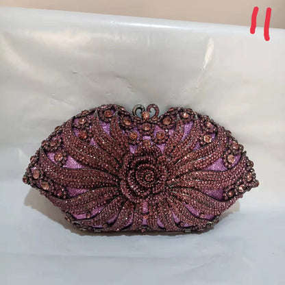 Woman Purple Diamond Flower Evening Purse Hollow Floral Lady Bridal Dinner Handbag Elegant Crystal Wedding Party Rhinestone Bag