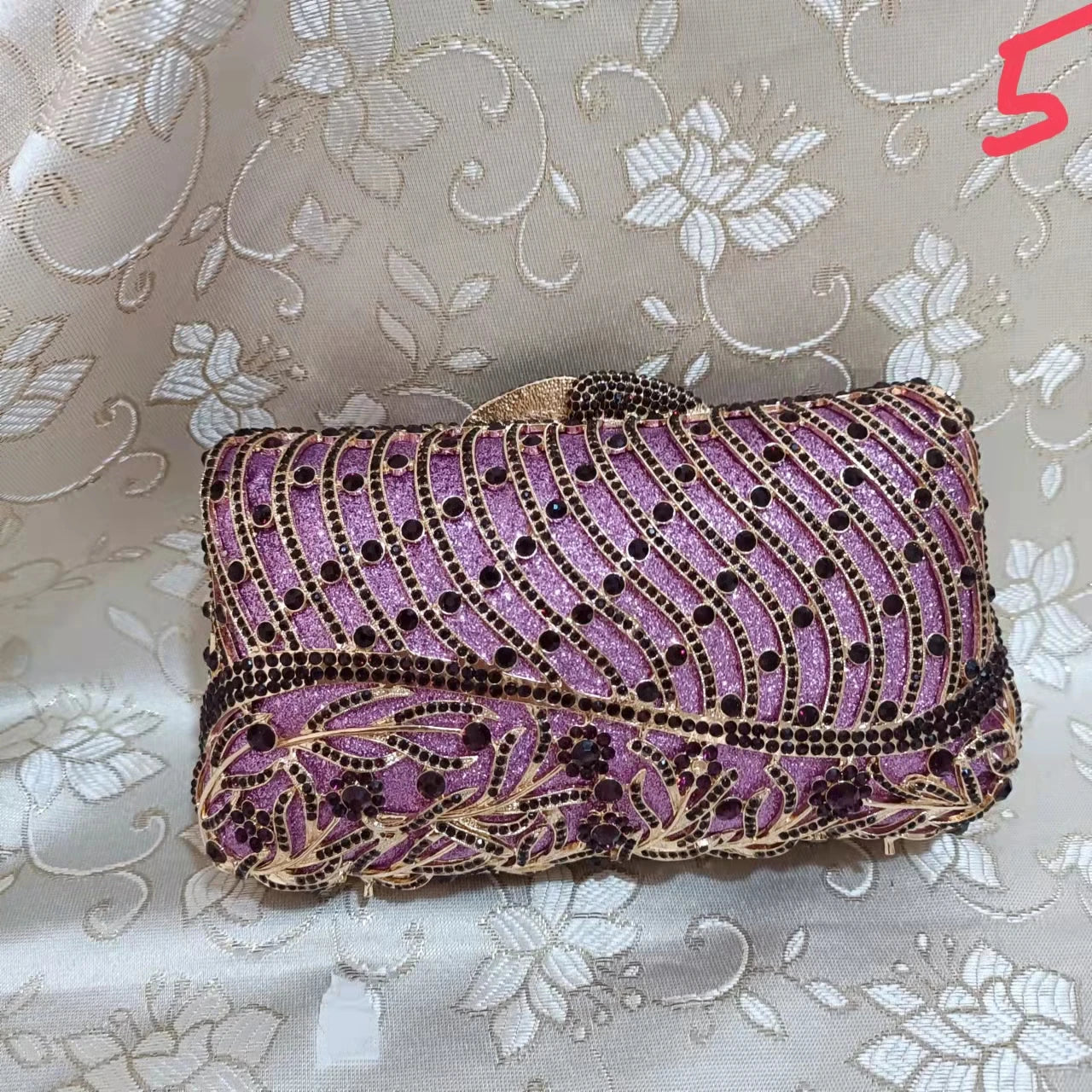 Woman Purple Gold Diamond Flower Clutch Hollow Out Floral Evening Purse Wedding Bridal Cocktail Prom Bag Party Crystal Handbag