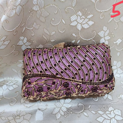 Woman Purple Gold Diamond Flower Clutch Hollow Out Floral Evening Purse Wedding Bridal Cocktail Prom Bag Party Crystal Handbag