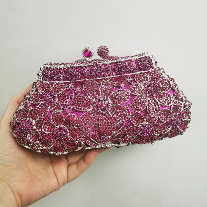 Woman Purple Silver Gold Multicolores Diamond Handbag Flower Floral Crystal Wedding Bridal Romantic Bag Party Dinner Gala Purse