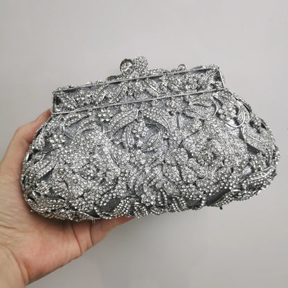 Woman Purple Silver Gold Multicolores Diamond Handbag Flower Floral Crystal Wedding Bridal Romantic Bag Party Dinner Gala Purse