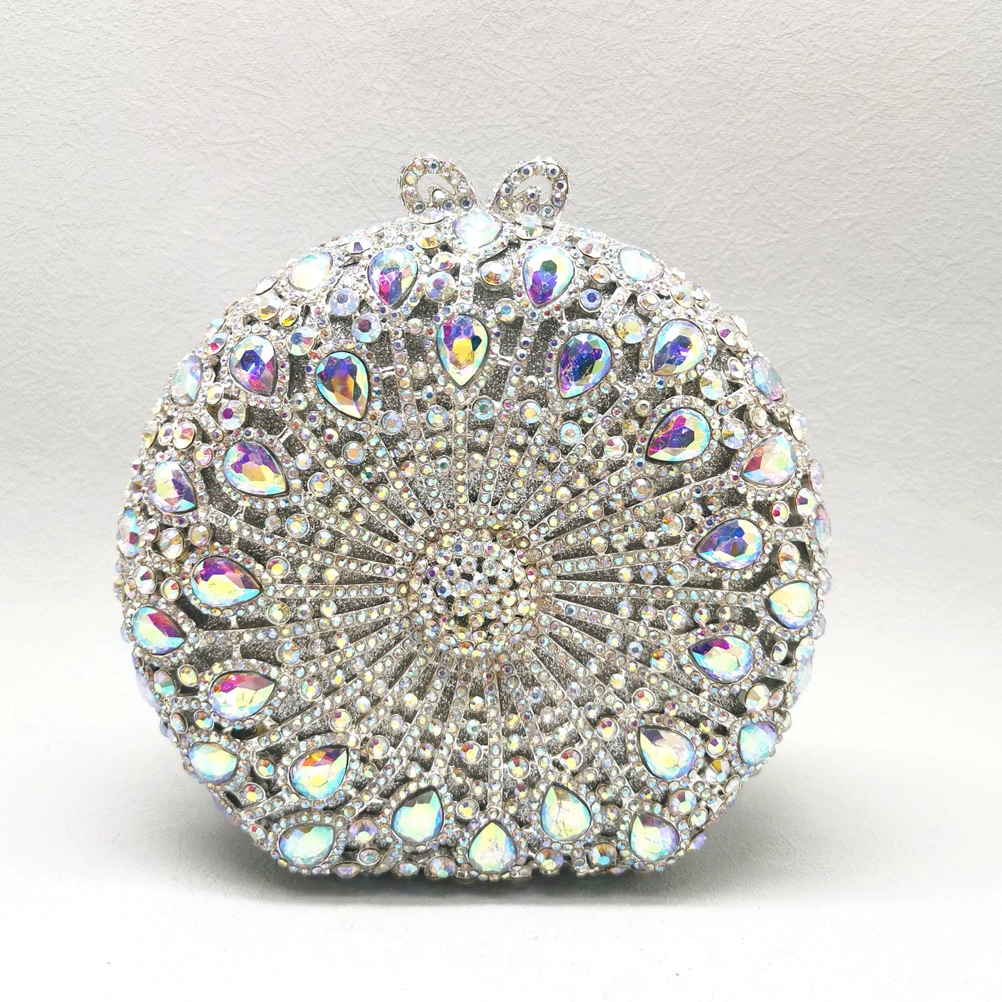 Woman Red AB Crystal Wedding Party Bridal Evening Bag Dinner Gala Mini Elegant Prom Purse Hollow Out Diamond Round Metal Handbag