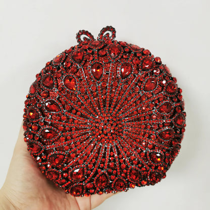Woman Red AB Crystal Wedding Party Bridal Evening Bag Dinner Gala Mini Elegant Prom Purse Hollow Out Diamond Round Metal Handbag