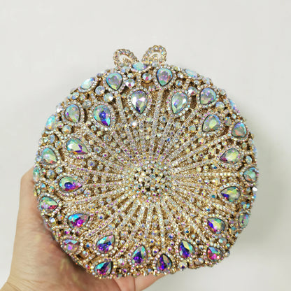Woman Red AB Crystal Wedding Party Bridal Evening Bag Dinner Gala Mini Elegant Prom Purse Hollow Out Diamond Round Metal Handbag