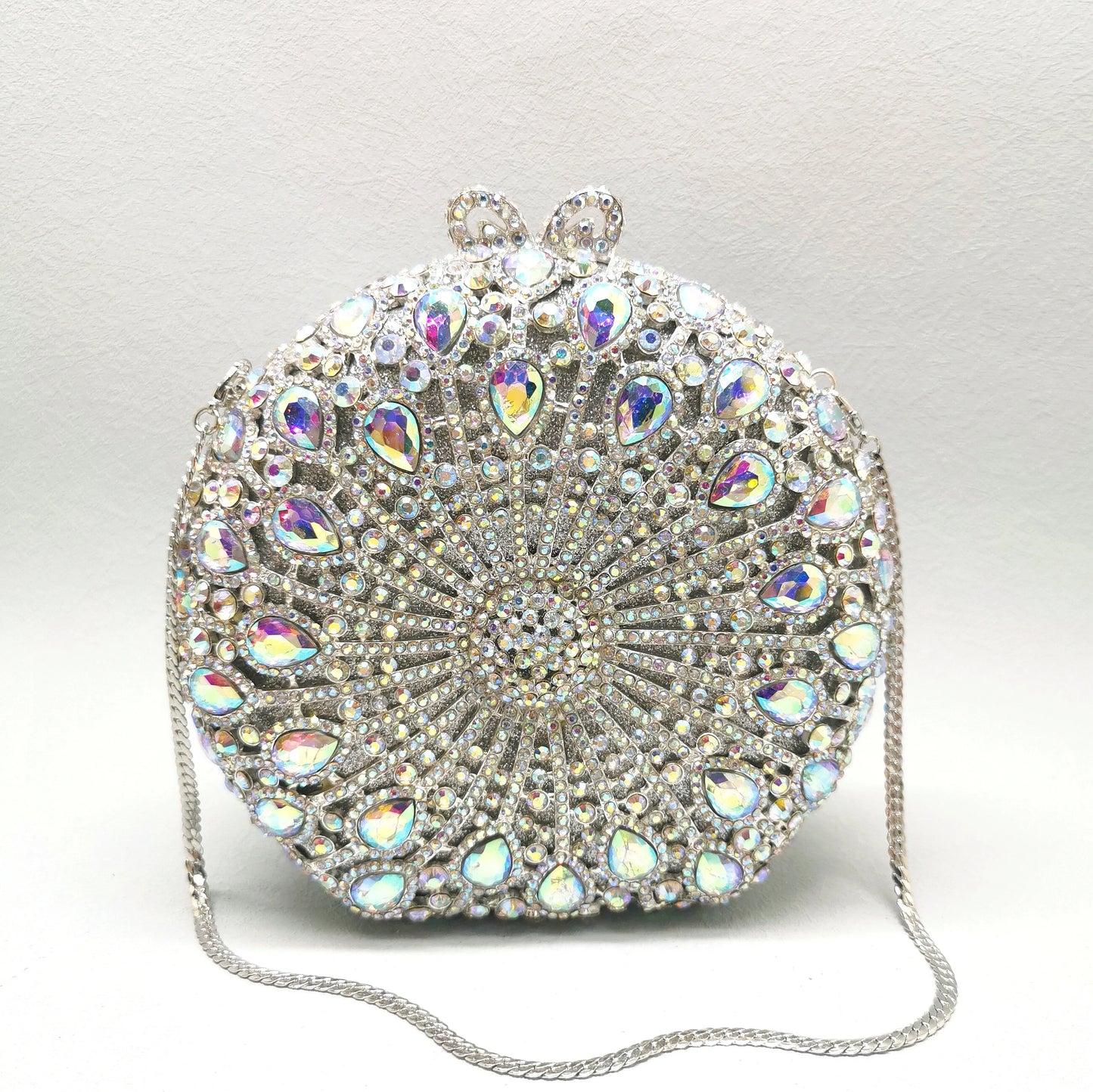 Woman Red AB Crystal Wedding Party Bridal Evening Bag Dinner Gala Mini Elegant Prom Purse Hollow Out Diamond Round Metal Handbag