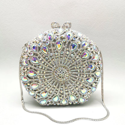 Woman Red AB Crystal Wedding Party Bridal Evening Bag Dinner Gala Mini Elegant Prom Purse Hollow Out Diamond Round Metal Handbag