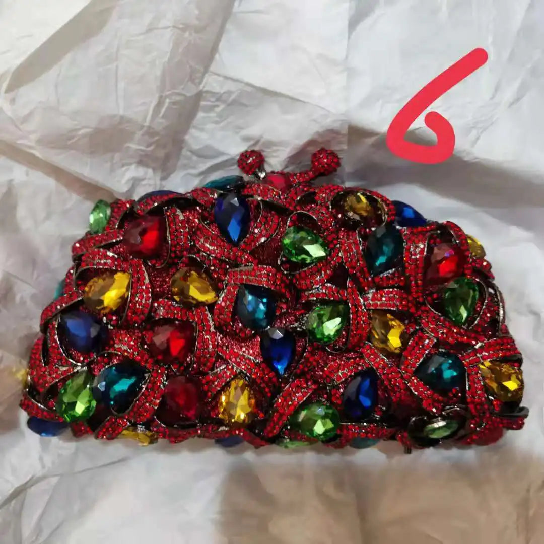 Woman Red Gold Multicolored Diamond Clutch Banquet Evening Purse Wedding Bridal Bag Birthday Party Hollow Out Crystal Handbag