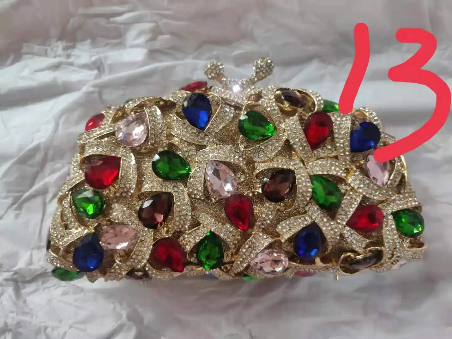 Woman Red Gold Multicolored Diamond Clutch Banquet Evening Purse Wedding Bridal Bag Birthday Party Hollow Out Crystal Handbag