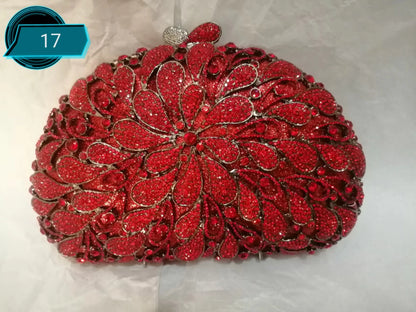 Woman Red Green Brown Diamond Flower Evening Purse Bridal Prom Floral Metal Handbag Wedding Party Crystal Toted Gala Clutch Bag