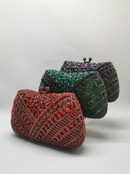 Woman Red Green Purple Crystal Diamond Purse Hollow Out Bridal Birthday Dinner Handbag Wedding Party Metal Clutches Evening Bags