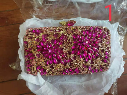 Woman Rose Red Gold Diamond Clutch Evening Purse Wedding Bridal Floral Rhinestone Bag Party Crystal Flower Dinner Prom Handbag
