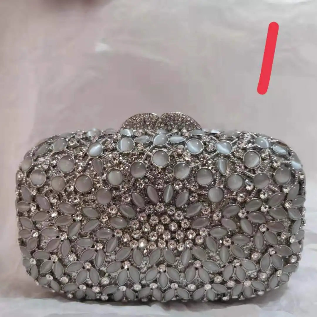 Woman Silver Diamond High Quality Evening Purse Bridal Dinner Prom Banquet Handbag Lady Wedding Party Crystal Flower Clutch Bag