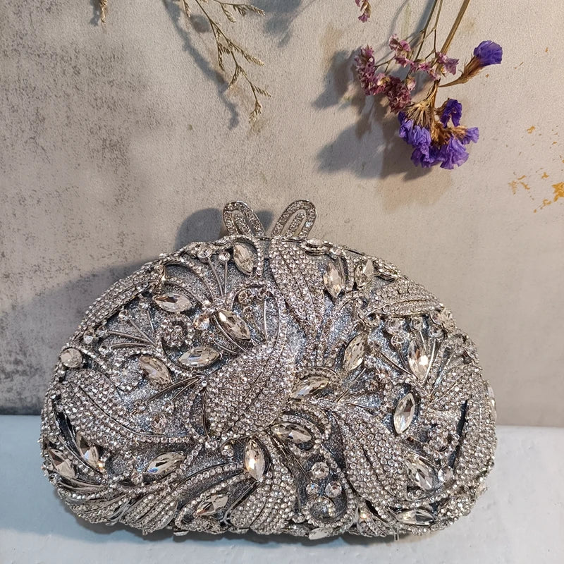 Woman Silver Flower Wedding Bridal Handbag Hollow Out Crystal Party Clutch Purse Birthday Dinner Floral Diamond Gift Evening Bag