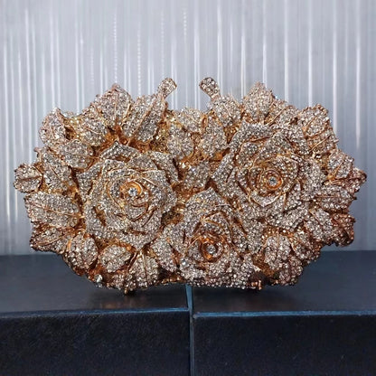 Woman Sliver/Gold Flower Handbag Wedding Bridal Floral Elegant Party Dinner Purse Crystal Diamond Floral Lady Evening Bag