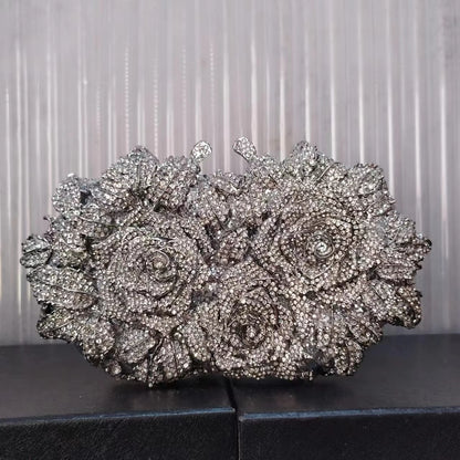Woman Sliver/Gold Flower Handbag Wedding Bridal Floral Elegant Party Dinner Purse Crystal Diamond Floral Lady Evening Bag