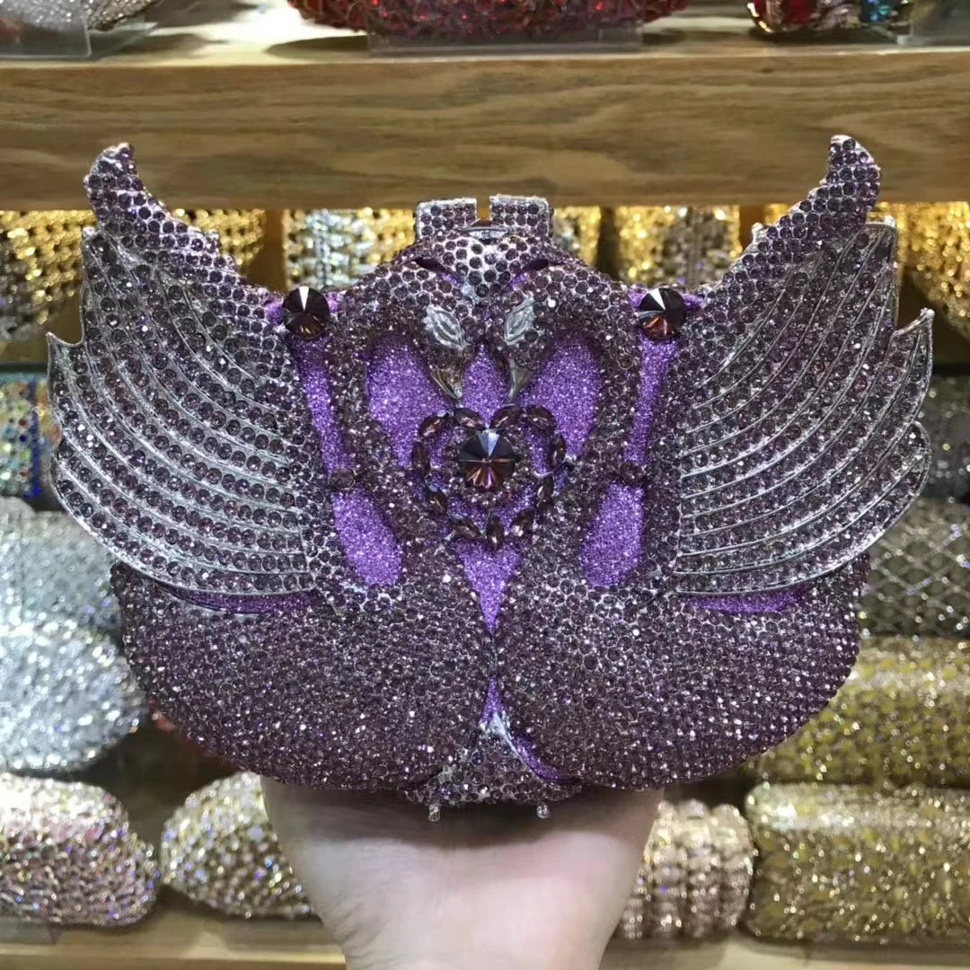 Woman Wedding Bridal Cute Swan Handbag Purple Black Orange Blue Grey Silver Crystal Dinner Purse Gala Party Diamond Evening Bag