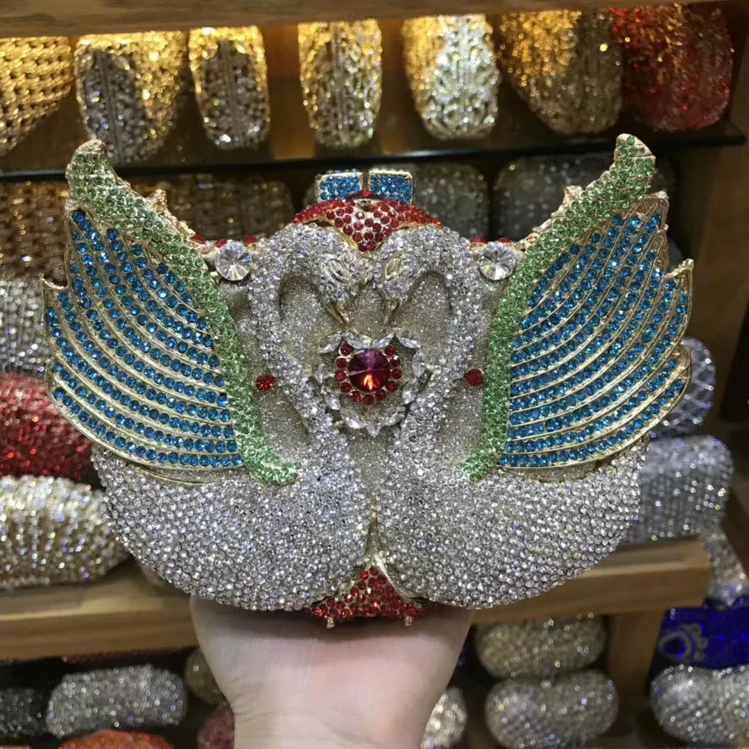 Woman Wedding Bridal Cute Swan Handbag Purple Black Orange Blue Grey Silver Crystal Dinner Purse Gala Party Diamond Evening Bag