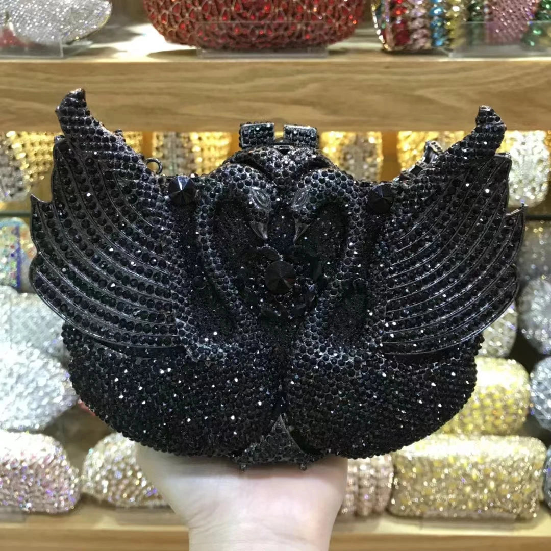 Woman Wedding Bridal Cute Swan Handbag Purple Black Orange Blue Grey Silver Crystal Dinner Purse Gala Party Diamond Evening Bag
