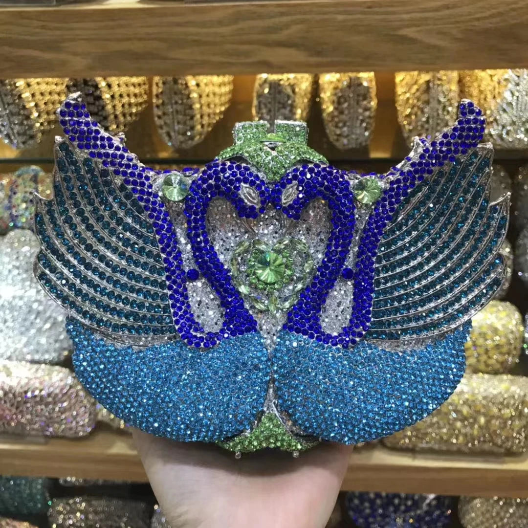 Woman Wedding Bridal Cute Swan Handbag Purple Black Orange Blue Grey Silver Crystal Dinner Purse Gala Party Diamond Evening Bag