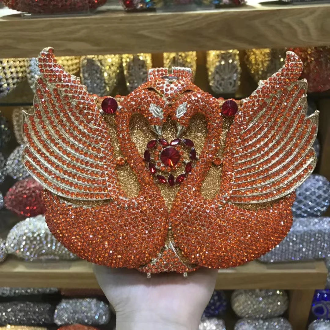 Woman Wedding Bridal Cute Swan Handbag Purple Black Orange Blue Grey Silver Crystal Dinner Purse Gala Party Diamond Evening Bag