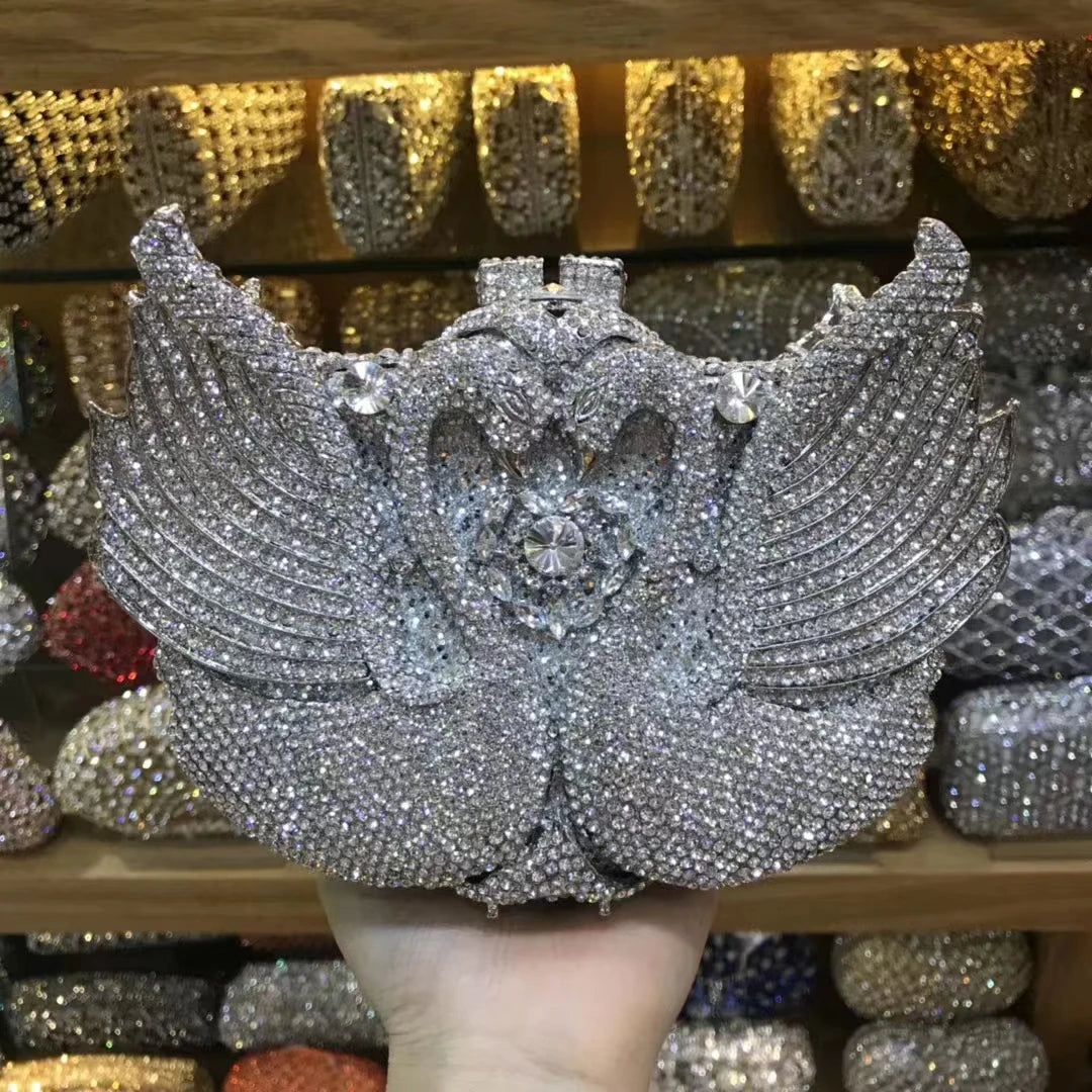 Woman Wedding Bridal Cute Swan Handbag Purple Black Orange Blue Grey Silver Crystal Dinner Purse Gala Party Diamond Evening Bag