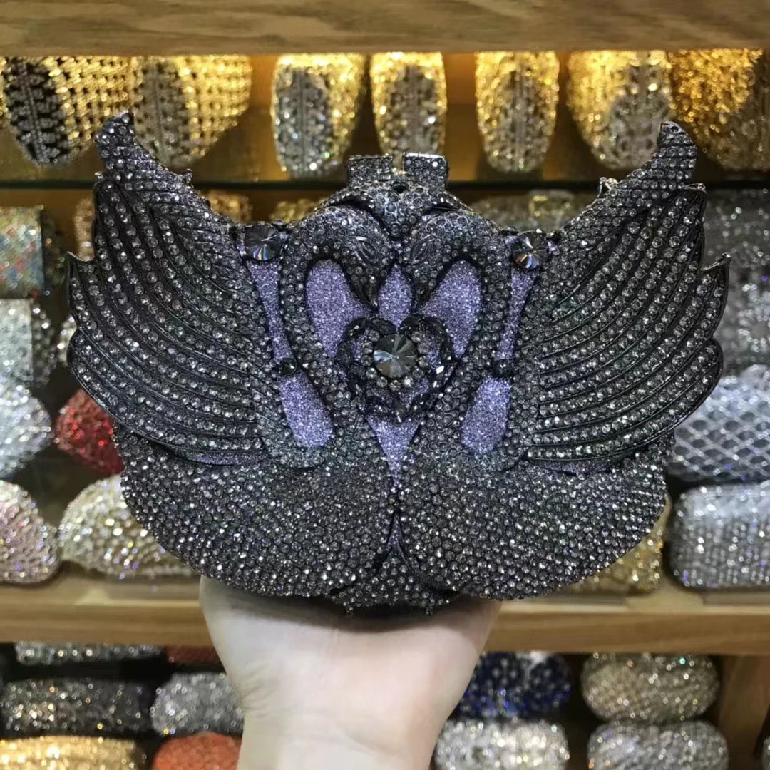 Woman Wedding Bridal Cute Swan Handbag Purple Black Orange Blue Grey Silver Crystal Dinner Purse Gala Party Diamond Evening Bag