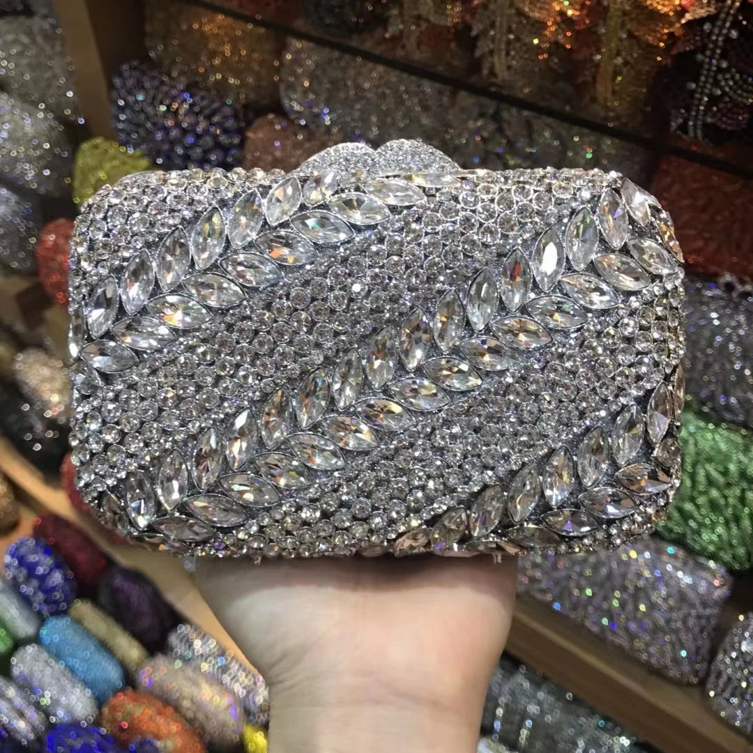 Woman Wedding Bridal Hollow Out Crystal Handbag Silver Blue Gray AB Birthday Dinner Purse Banquet Party Prom Diamond Evening Bag