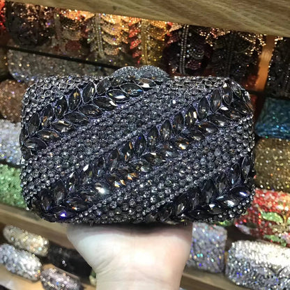 Woman Wedding Bridal Hollow Out Crystal Handbag Silver Blue Gray AB Birthday Dinner Purse Banquet Party Prom Diamond Evening Bag
