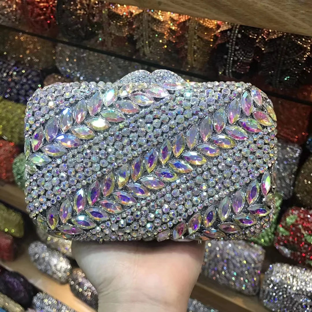 Woman Wedding Bridal Hollow Out Crystal Handbag Silver Blue Gray AB Birthday Dinner Purse Banquet Party Prom Diamond Evening Bag
