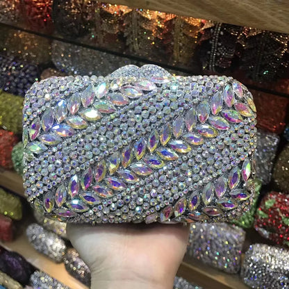 Woman Wedding Bridal Hollow Out Crystal Handbag Silver Blue Gray AB Birthday Dinner Purse Banquet Party Prom Diamond Evening Bag