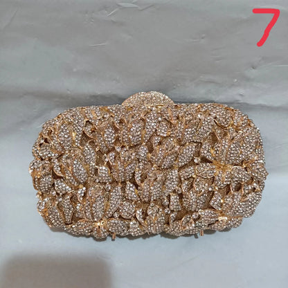 Woman White Diamond Gold Flower Evening Purse Bridal Dinner Prom Floral Banquet Handbag Ladies Wedding Party Crystal Clutch Bag