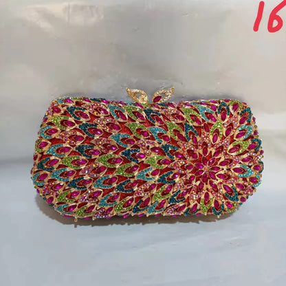 Woman White Pink Blue Colorful Diamond Flower Evening Purse Bridal Dinner Floral Hollow Out Handbag Crystal Wedding Party Bag