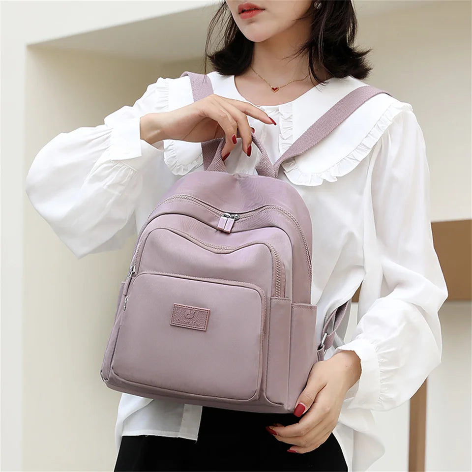 Woman's Backpack Solid Color Nylon Casual Girl's School Bag Multi-function Small Shoulder Bag Exquisite Backpack