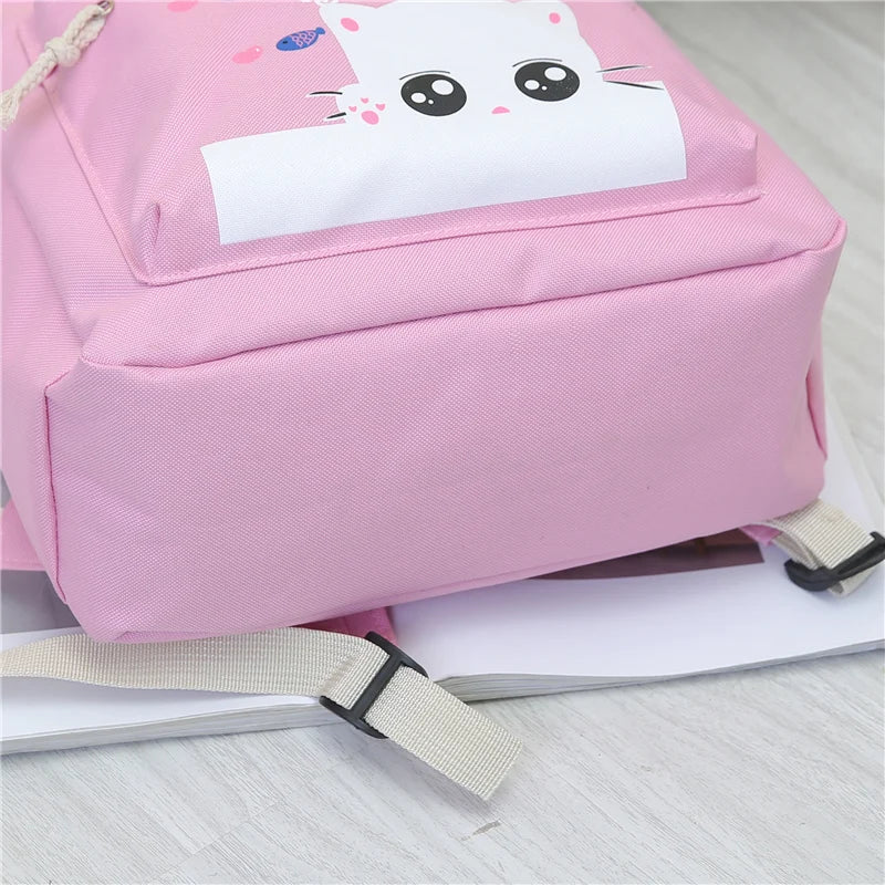 Women Backpack Cat Printing Oxford School Bags For Teenager Girls Preppy Style 5 Set/PC Rucksack Cute Book Bag Mochila Feminina